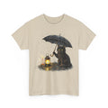 Cat with Lantern T-Shirt — Black Cat Holding Umbrella in Rain Graphic Tee
