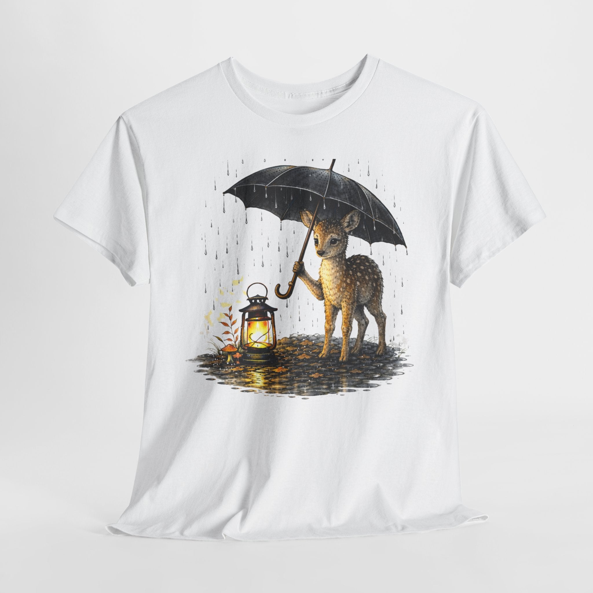 Fawn with Lantern T‑Shirt — Cute Deer Holding Umbrella in Rain Graphic Tee