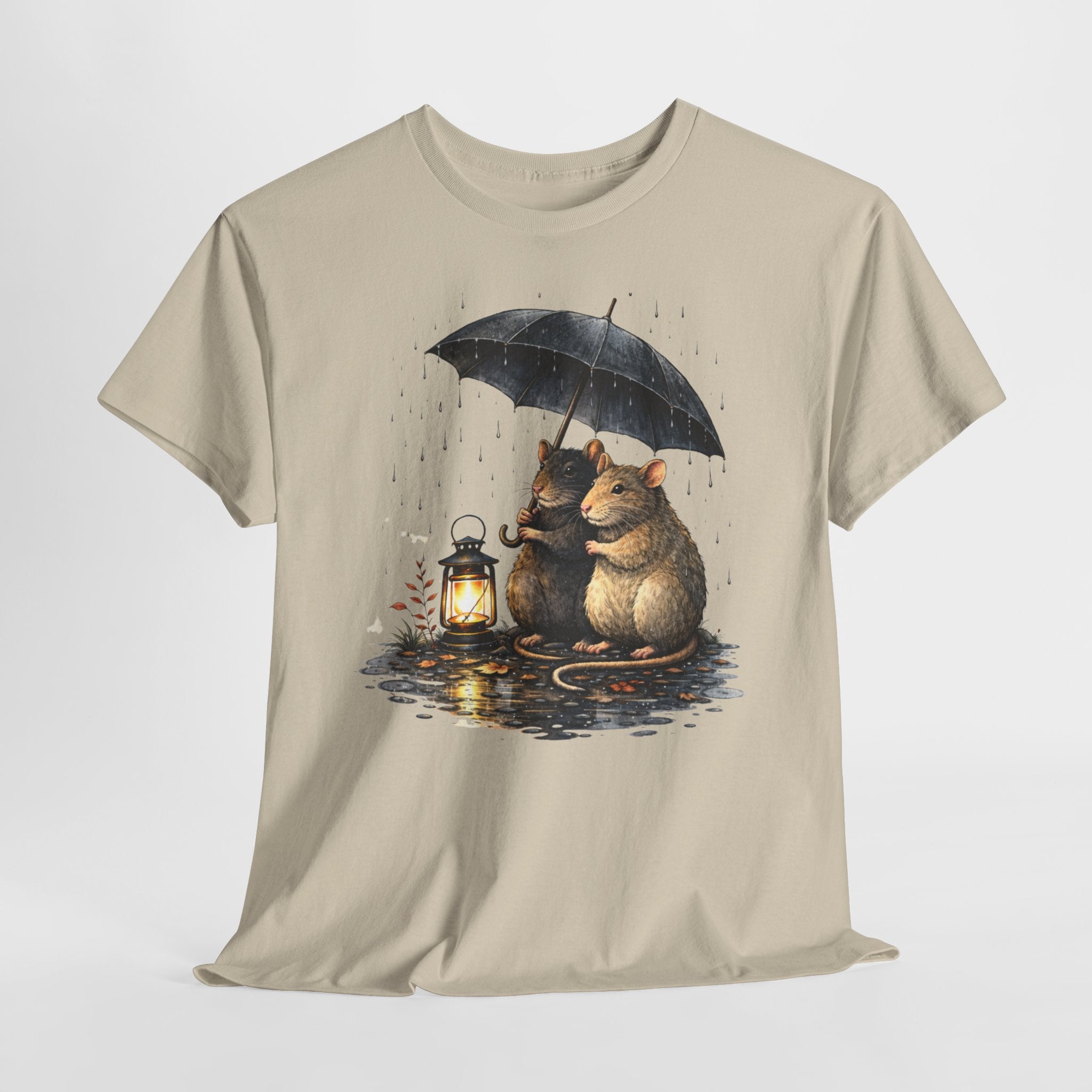 Cute Mice Under Umbrella T-Shirt — Cozy Rainy Night Lantern Tee