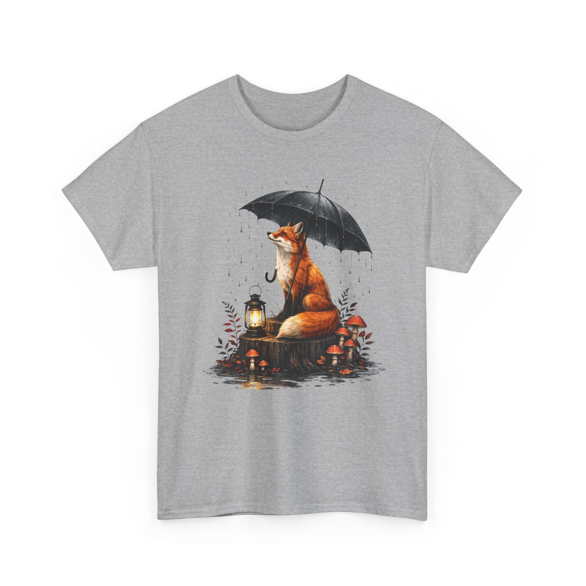 Fox with Umbrella T-Shirt — Whimsical Lantern & Mushroom Forest Tee